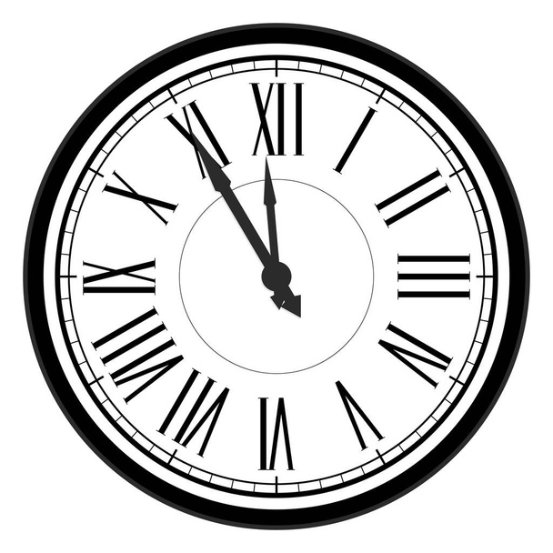 Pět minut do půlnoci, novoroční oslava, tradiční odpočet do nového roku, ploché římské číslo, dvanáctihodinové hodinky - Vektor, obrázek