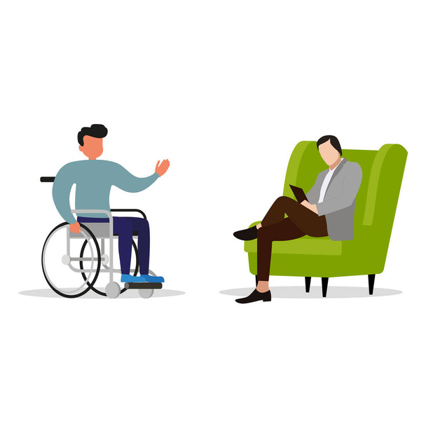 Psicólogo consultando inválido en silla de ruedas. Psicoterapia vectorial al paciente con discapacidad, apoyo psicológico y ayuda mental, ilustración terapia de conversación social para discapacitados - Vector, imagen