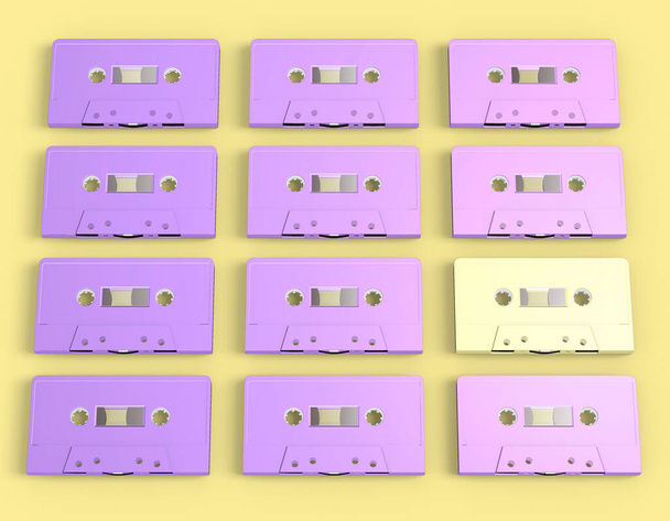 mockup audio música retro cassette púrpura cintas en fondo amarillo, 3d renderizado - Foto, imagen