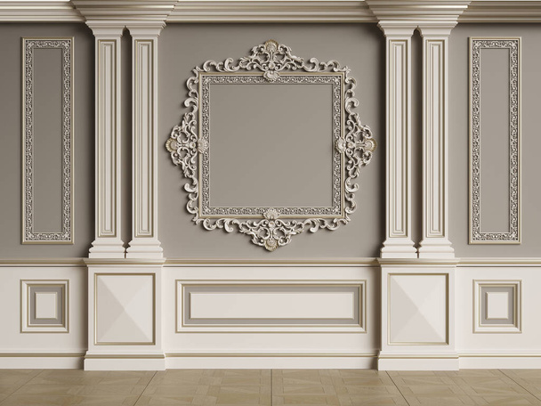 Classic interior wall with mouldings.Floor parquet herringbone.Digital illustration.3d rendering - 写真・画像