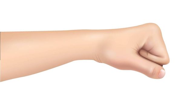 3D ρεαλιστικό διάνυσμα χέρι του ανθρώπου δείχνει στάση χειρονομία, ή γροθιά. Μεμονωμένη εικόνα εικονιδίου σε λευκό φόντο. - Διάνυσμα, εικόνα