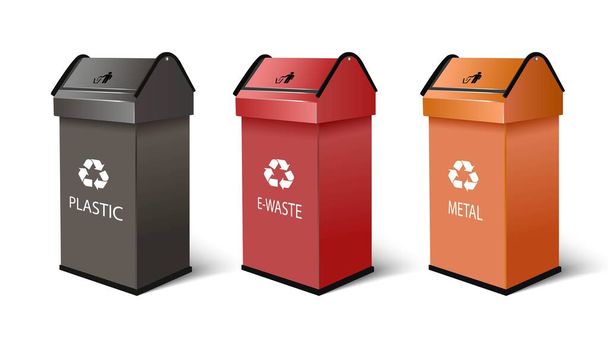 3d realistinen vektori kierrätysastiat muovi, e-jätteet ja metallituotteet, kierrätys symboli päälle musta, punainen ja oranssi väri. Eristetty valkoisella pohjalla. - Vektori, kuva