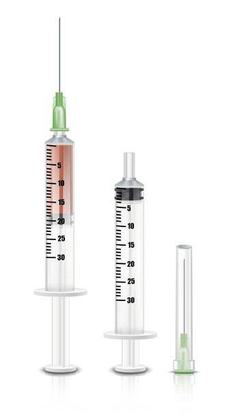 3d realistic vector sample set for one dose injection, syringe and needle. Isolated icon illustration. - Wektor, obraz