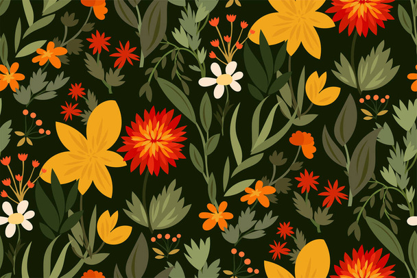 Abstract elegance seamless pattern with forest flowers, leaves. Trendy floral background in a creative hand-drawn style. Colorful Botanical print for textiles,  fashion design, Wallpaper... Vector - Vetor, Imagem