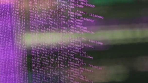 Фіолетовий комп'ютерний програмний код, що рухається на чорному моніторі, відображає на склі. Анотація комп'ютерного злому в процесі з базою серверів стійки, динамічний текст, що працює і тече на екрані ПК
. - Кадри, відео