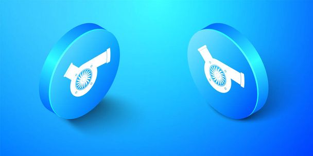 Isometric Automotive turbocharger icon isolated on blue background. Vehicle performance turbo. Car turbocharger. Turbo compressor induction symbol. Blue circle button. Vector. - Vector, Image