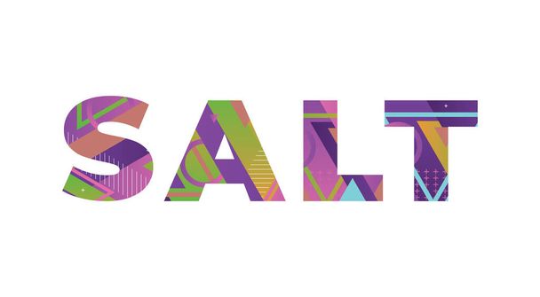 カラフルなレトロな形と色のイラストで書かれた単語SALTのコンセプト. - ベクター画像