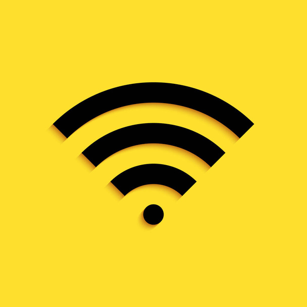 Ícone de símbolo de rede de internet sem fio Wi-Fi preto isolado no fundo amarelo. Estilo de sombra longo. Vetor. - Vetor, Imagem