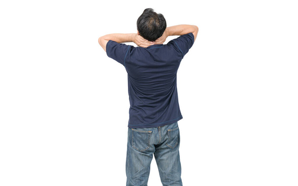 back view of man suffering from pain in neck isolated on white background. Symptom of cervical chondrosis. Inflammation of vertebra, - Photo, Image