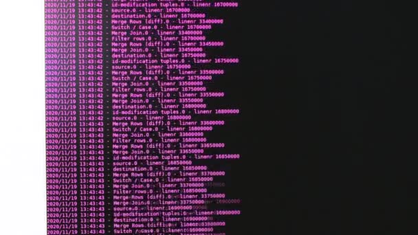 Pinkki tietokoneohjelmisto liikkuu mustalla näytöllä. Tietokoneen hakkerointi prosessi, dynaaminen teksti käynnissä ja virtaa tietokoneen näytöllä. - Materiaali, video