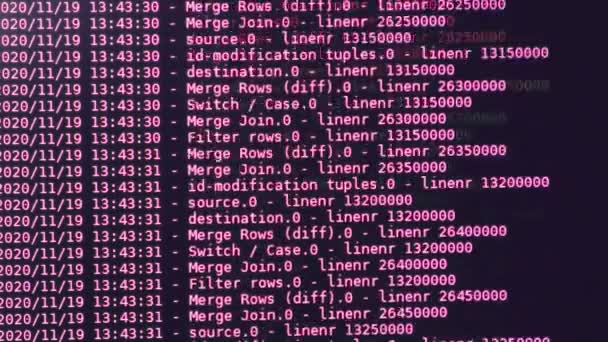 Código de software de computadora roja moviéndose en un monitor negro. Hackeo de computadoras en proceso, texto dinámico corriendo y fluyendo en la pantalla de la PC. - Imágenes, Vídeo
