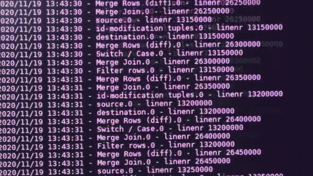 Пурпурный программный код двигается на черном мониторе. Внедрение компьютера, динамический запуск текста и поток на экране компьютера - Кадры, видео