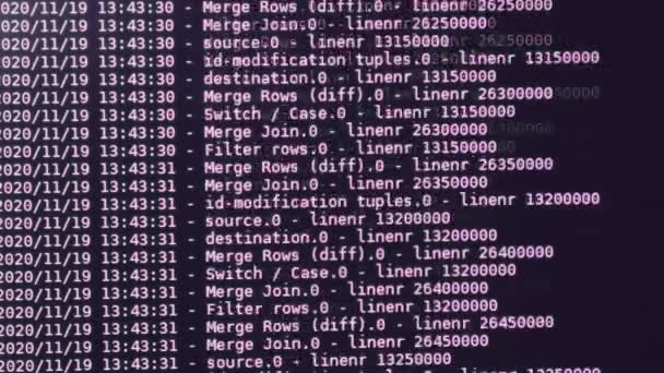 Roze computersoftware code beweegt op een zwarte monitor. Computer hacken in proces, dynamische tekst draait en stroomt op pc scherm. - Video