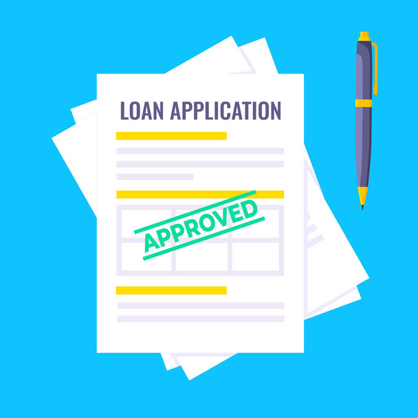 Formulario de crédito o préstamo aprobado con archivo de documento y formulario de reclamación en él. - Vector, imagen