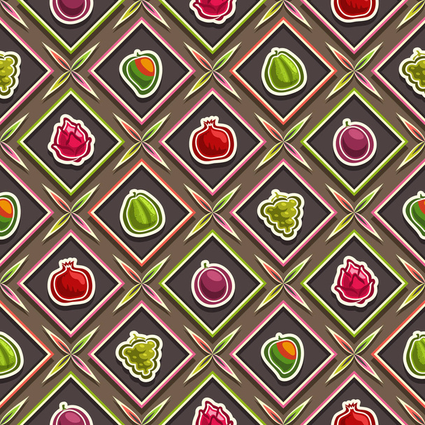 Vector Fruit Naadloos patroon, vierkant herhalend fruit achtergrond, geïsoleerde illustraties van zomerfruit op donkere achtergrond, diamant naadloos patroon met platte lay verse biologische producten in cellen. - Vector, afbeelding