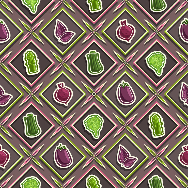 Векторный растительный бесшовный узор, квадратный повторяющийся фон, изолированные иллюстрации летних овощей на тёмном фоне, бесшовный алмазный узор с плоским слоем свежих органических продуктов в клетках. - Вектор,изображение