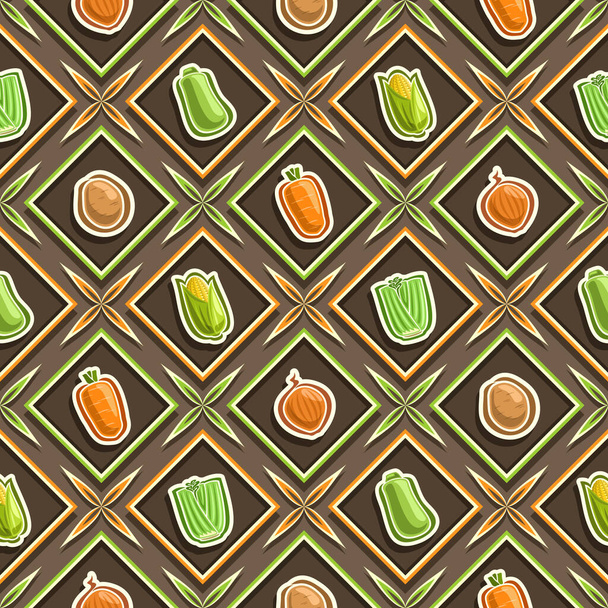 Vector Vegetable Seamless Pattern, square repeating background, isolated illustrations of summer vegetables on brown background, diamond seamless pattern with flat lay fresh organic produces in cells. - Vector, Image