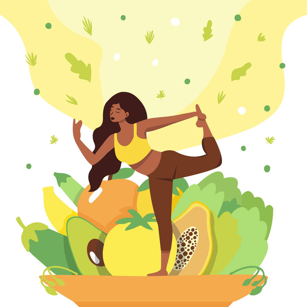 Kız yararlı ürünlerle dolu bir tabakta yoga yapıyor. İyi alışkanlıkların izleyicisi için eğlenceli bir çizim. Daha sağlıklı yiyecekler ye ve yoga yap. Sağlıklı yaşam tarzı kavramı. - Vektör, Görsel