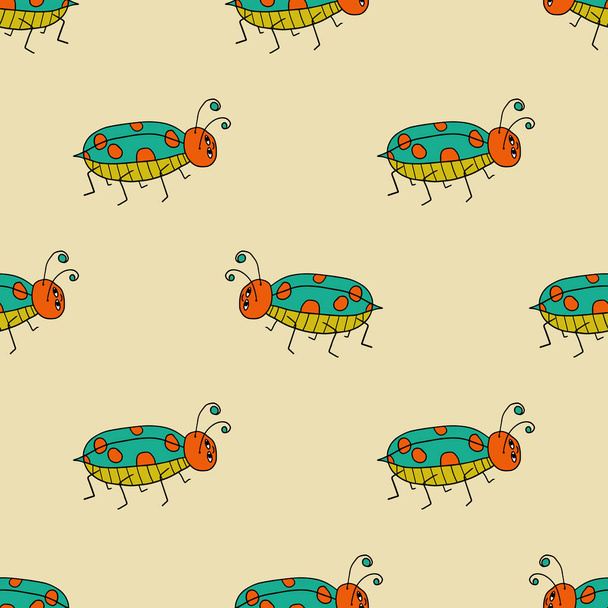 Seamless pattern with cartoon doodle linear ladybug, bug. Insect background. Vector illustration.   - ベクター画像