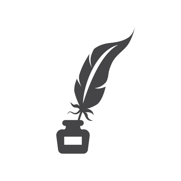 Quill pen with inkwell black vector icon. Feather with ink bottle, retro or antique design glyph symbol. - Vector, Image