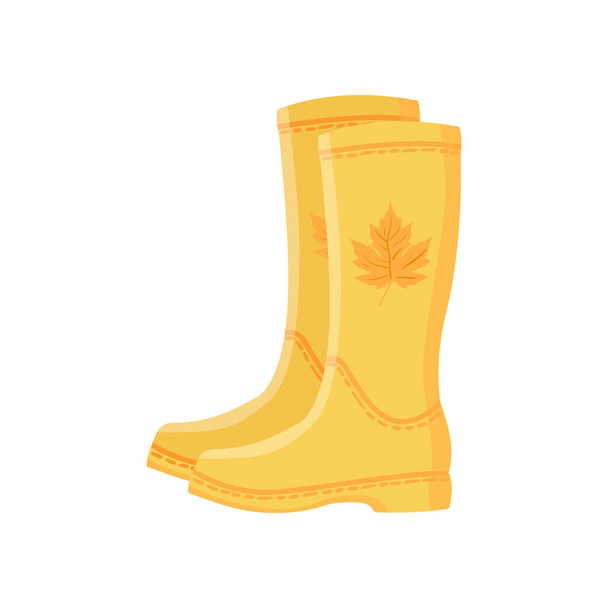 Vlakke vector illustratie van gele rubberen laarzen met een esdoorn blad in cartoon stijl geïsoleerd op een witte achtergrond. - Vector, afbeelding