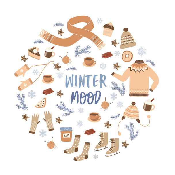 Χειμερινό σχέδιο. Η φράση χειμερινή διάθεση περιβάλλεται από διάφορα γλυκά, καφέδες, ζεστά ρούχα και διακοσμητικά στοιχεία. Πρότυπο για αφίσες, πανό, φυλλάδια, παρουσιάσεις, καρτ ποστάλ - Διάνυσμα, εικόνα