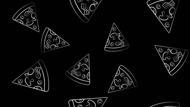plátek pizzy na černém pozadí, vektorová ilustrace, vzor. chutná, chutná pizza s různými druhy papriky, masa, zeleninové náplně. hladký vzor, pozadí, nekonečný vzor - Vektor, obrázek