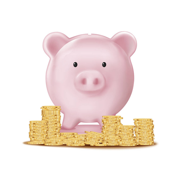 vista frontal 3D Piggy Bank y moneda Stack sobre fondo blanco, aislar malla vectorial de cerdo rosa para publicidad, Plantilla de diseño para pancarta gráfica, financiera, ahorro y seguridad de almacenamiento de dinero para Año Nuevo - Vector, Imagen