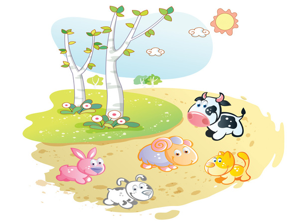 Мультфильм о фермерских животных в уличном саду
 - Вектор,изображение