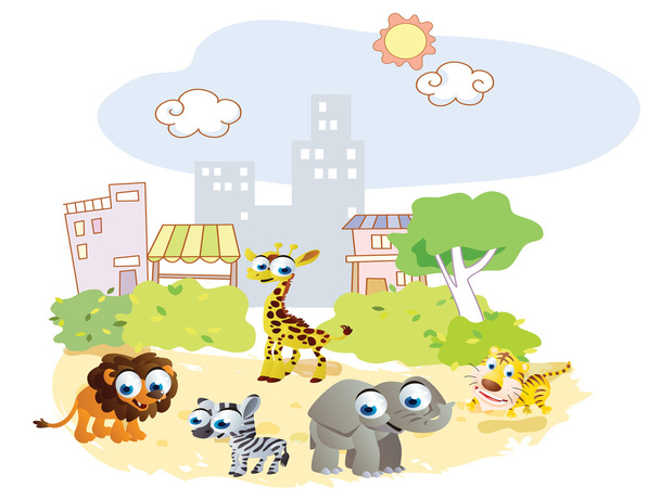 Мультфильм животных, играющих в парке города
 - Вектор,изображение