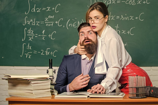 Omg. Relations within school. Couple submission in love relations. Sexy woman dominate relations. Intimate relations between teacher and student - Фото, изображение