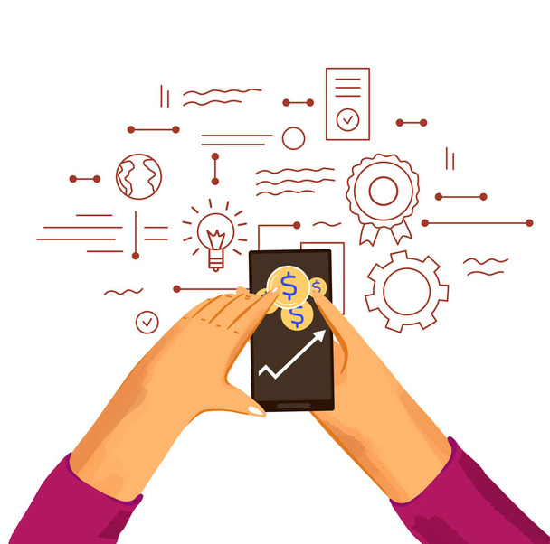 Lidské ruce s telefonem - grafy a nápady pro vydělávání peněz online, obchodní informatika o výdělku s online prací - Vektor, obrázek