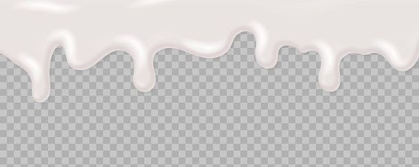 現実的な液体ヨーグルトクリーム.デザート、甘いケーキを釉薬で飾る。シロップを滴下。透明な背景にホワイトチョコレートが漏れます。装飾包装のためのベクトルモックアップ - ベクター画像