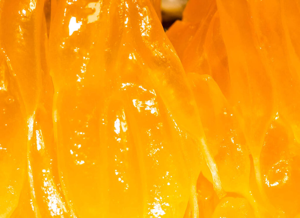 Macro photography of juicy pulp of ripe tangerine. Macro, selective shot. - Fotoğraf, Görsel