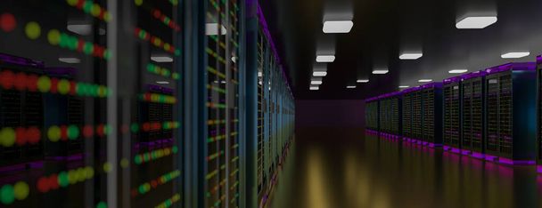 Server room data center. Backup, mining, hosting, mainframe, farm and computer rack with storage information. 3d render - Photo, Image