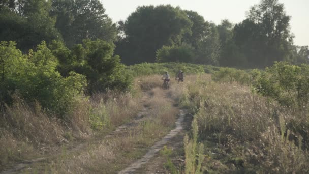 Άνδρας και γυναίκα οδηγούν ποδήλατα βουνού μαζί σε αγροτικό δρόμο στη φύση το καλοκαίρι, ηλιόλουστο καιρό. Ζευγάρι ποδηλάτες περνούν ενεργό χρόνο άσκηση σε εξωτερικούς χώρους. Οικογενειακά σπορ ποδηλασία Σαββατοκύριακο. Άνθρωποι, τρόπος ζωής αναψυχής - Πλάνα, βίντεο