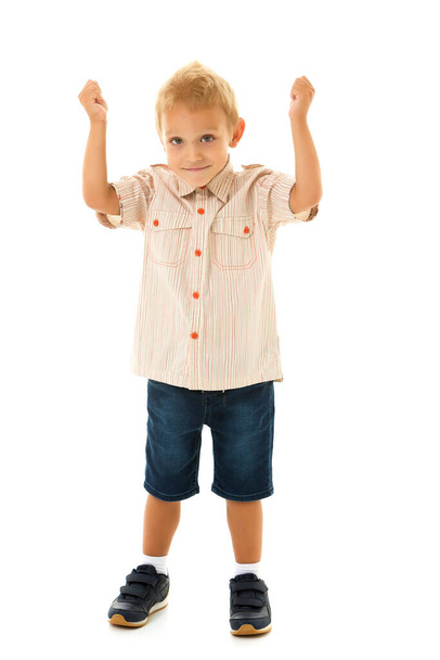The little boy is emotionally waving his arms. - Фото, зображення