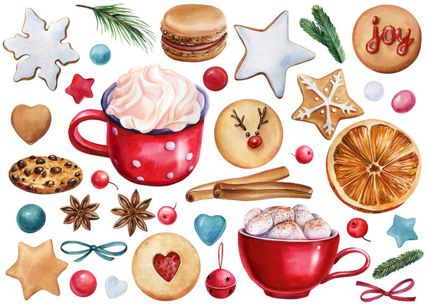 Cozy pictures, a cup of cocoa, cinnamon, anise, dry orange, cranberry, gingerbread and sweets - Photo, Image