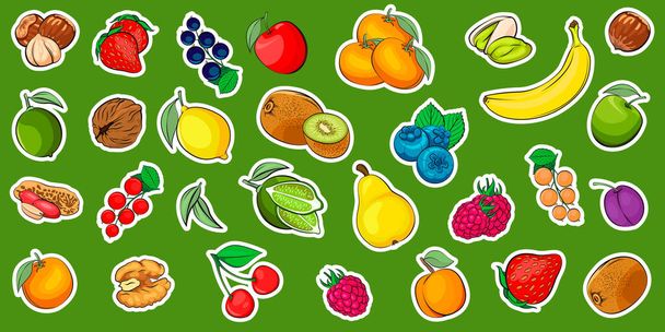 Gyümölcsök, bogyók és dió vektor matrica csomag. Gyümölcsök elkülönítve. Eper, málna, szeder, cseresznye, alma, körte, banán, narancs, citrom, mész, szilva, dió. Matricák kontúrvektoros rajzzal. - Vektor, kép