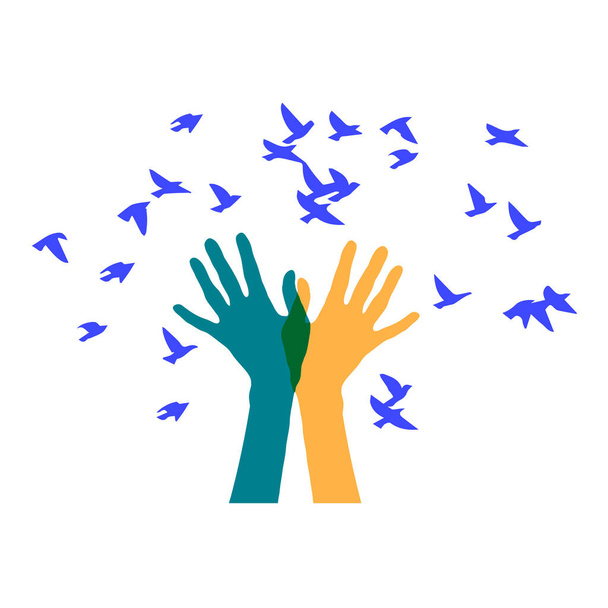 Due mani sono simbolo di mani libere che liberano uno stormo di uccelli - Foto, immagini