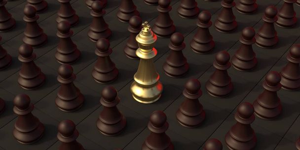 Ένα σκάκι ρήγας χρυσό, καφέ πιόνια πλήθος γύρω, μαύρο φόντο. Αρχηγέ, έννοια της δύναμης. 3D εικονογράφηση - Φωτογραφία, εικόνα