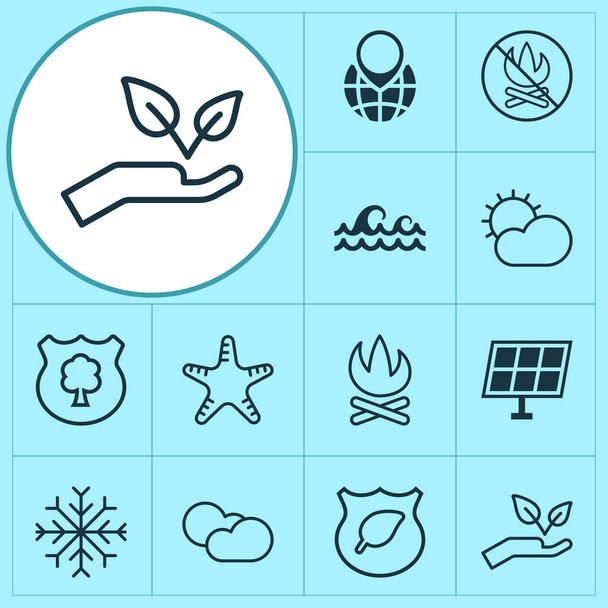 Ecology icons set with no bonfire, protect ecology, cloudy weather and other fire banned elements. Isolated vector illustration ecology icons. - Vector, Image