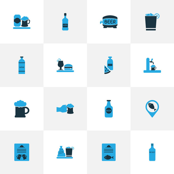 Conjunto de iconos de bebidas coloreadas con geolocalización, botella de vino, barril de cerveza y otros elementos de ron. Iconos de bebida de ilustración aislada. - Foto, imagen