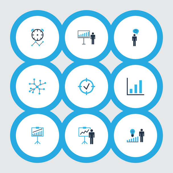 Administration icons colored set with project deadlines, management improvements, presentation of statistics and other progress elements. Isolated illustration administration icons. - Photo, Image