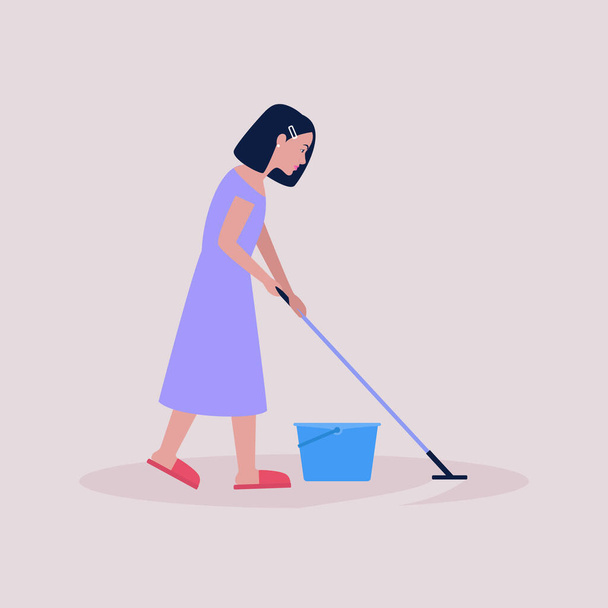 Young woman mopping the floors. Housekeeping concept. Colorful flat vector illustration. - Διάνυσμα, εικόνα