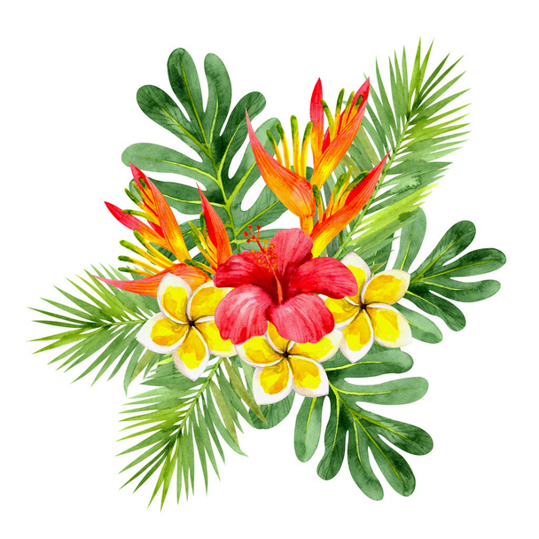 Bouquet of bright tropical flowers and leaves painted in watercolor. For the design of postcards, invitations, posters, packaging, textiles and more. - Photo, Image