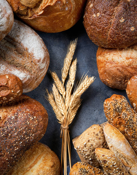 Different types of fresh bread surrounded by a golden wheat ears on a dark gray surface, top view, copy space. Food bakery shop concept Banner background. - Photo, Image