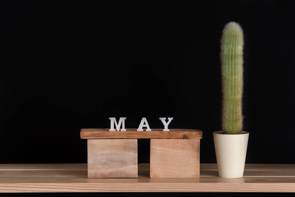 Toukokuun puinen kalenteri ja kaktus mustalla taustalla. Valmistaudu.. - Valokuva, kuva