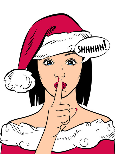 Una bella ragazza con un cappello da Babbo Natale si è messa il dito sulle labbra. Poster di Capodanno. Vettore. - Vettoriali, immagini