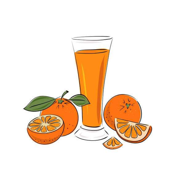 Glass with orange citrus juice, a whole apple and slices. Smoothies on a white background. Beverages. Detox. Diet. Healthy lifestyle, food. Scribble. Hand drawn vector illustration. Sketch. - Vector, Imagen